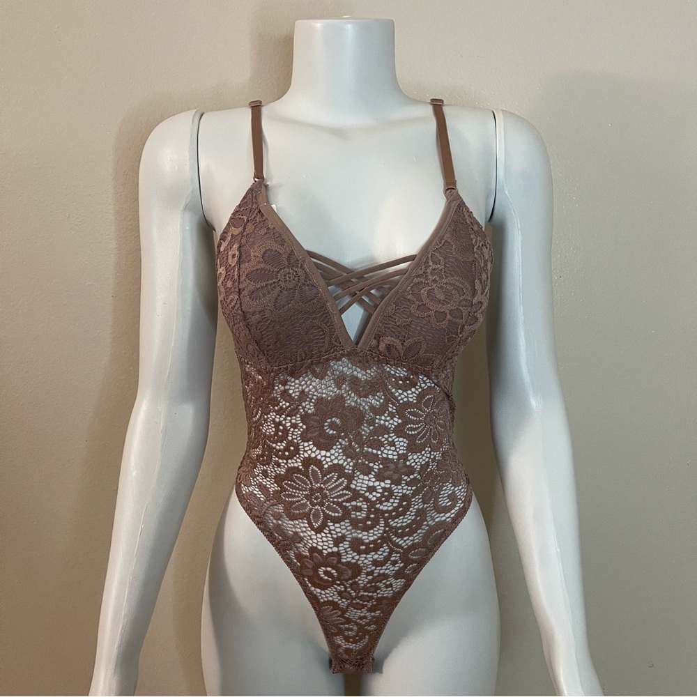Brown crisscross lace removable pads teddy bodysuit